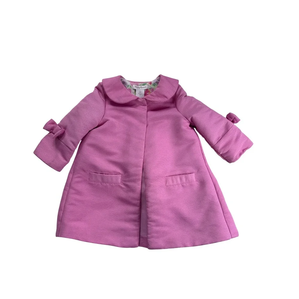 Tommy Bahama Girls Pink Textured Dress‎ Coat Peter Pan Collar Bow Cuffs Size 4T